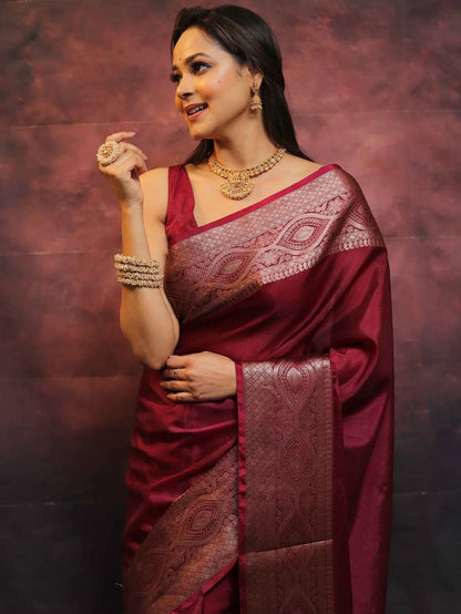 Marron Color New Design Soft Banarasi Silk Saree with Golden Zari Work