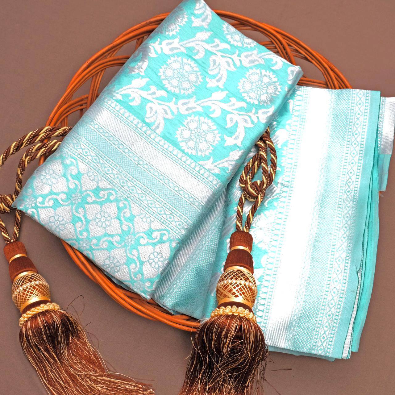 Elegant Teal Blue Silk Saree with Floral Weaving & Traditional Pearl Jewelry Look