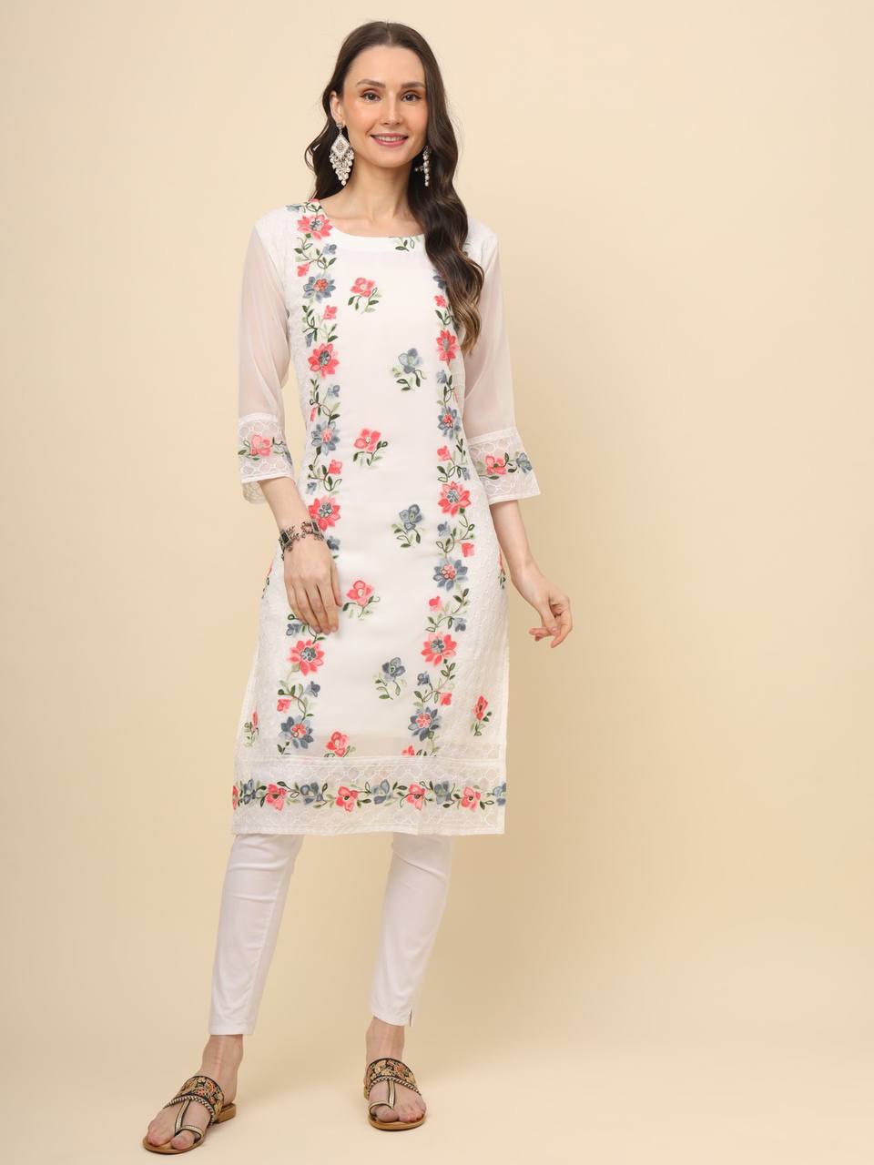 Georgette Straight Cut Round Neck Kurta with Beautiful Lucknowi Chickankari Work