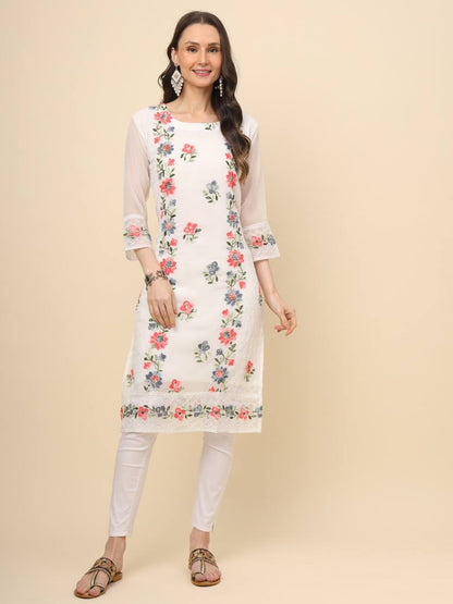 Georgette Straight Cut Round Neck Kurta with Beautiful Lucknowi Chickankari Work
