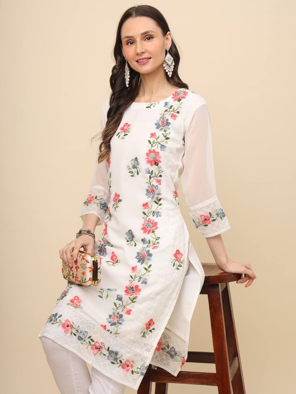 Georgette Straight Cut Round Neck Kurta with Beautiful Lucknowi Chickankari Work