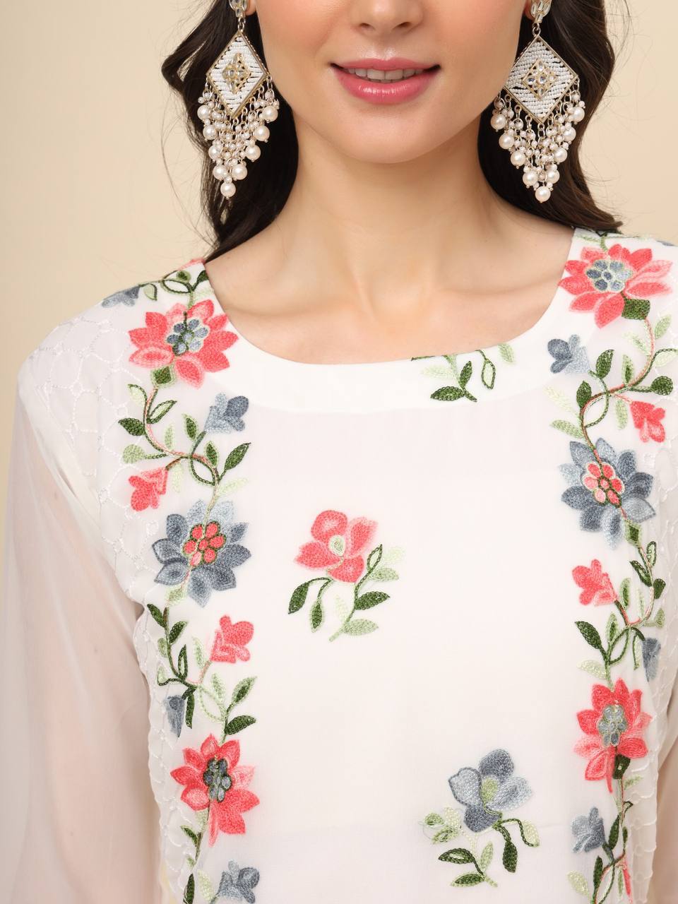 Georgette Straight Cut Round Neck Kurta with Beautiful Lucknowi Chickankari Work