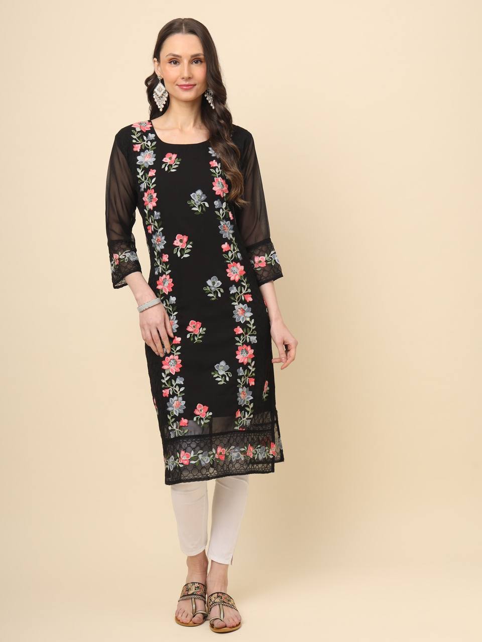 Georgette Straight Cut Round Neck Kurta with Beautiful Lucknowi Chickankari Work