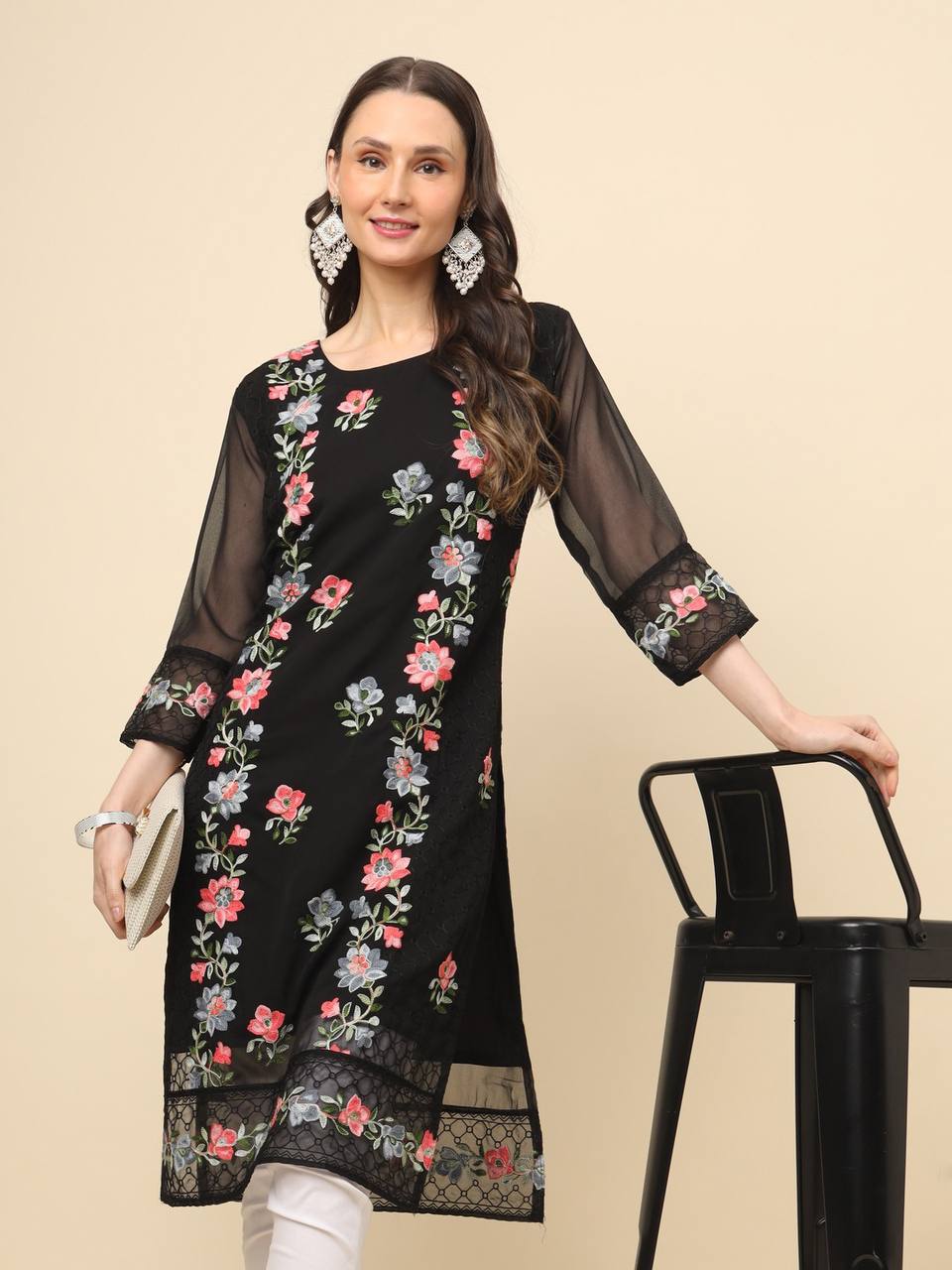 Georgette Straight Cut Round Neck Kurta with Beautiful Lucknowi Chickankari Work