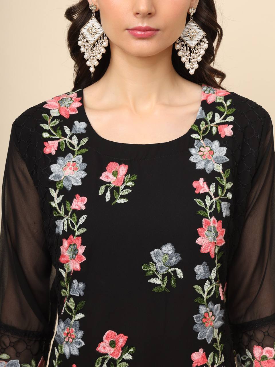 Georgette Straight Cut Round Neck Kurta with Beautiful Lucknowi Chickankari Work