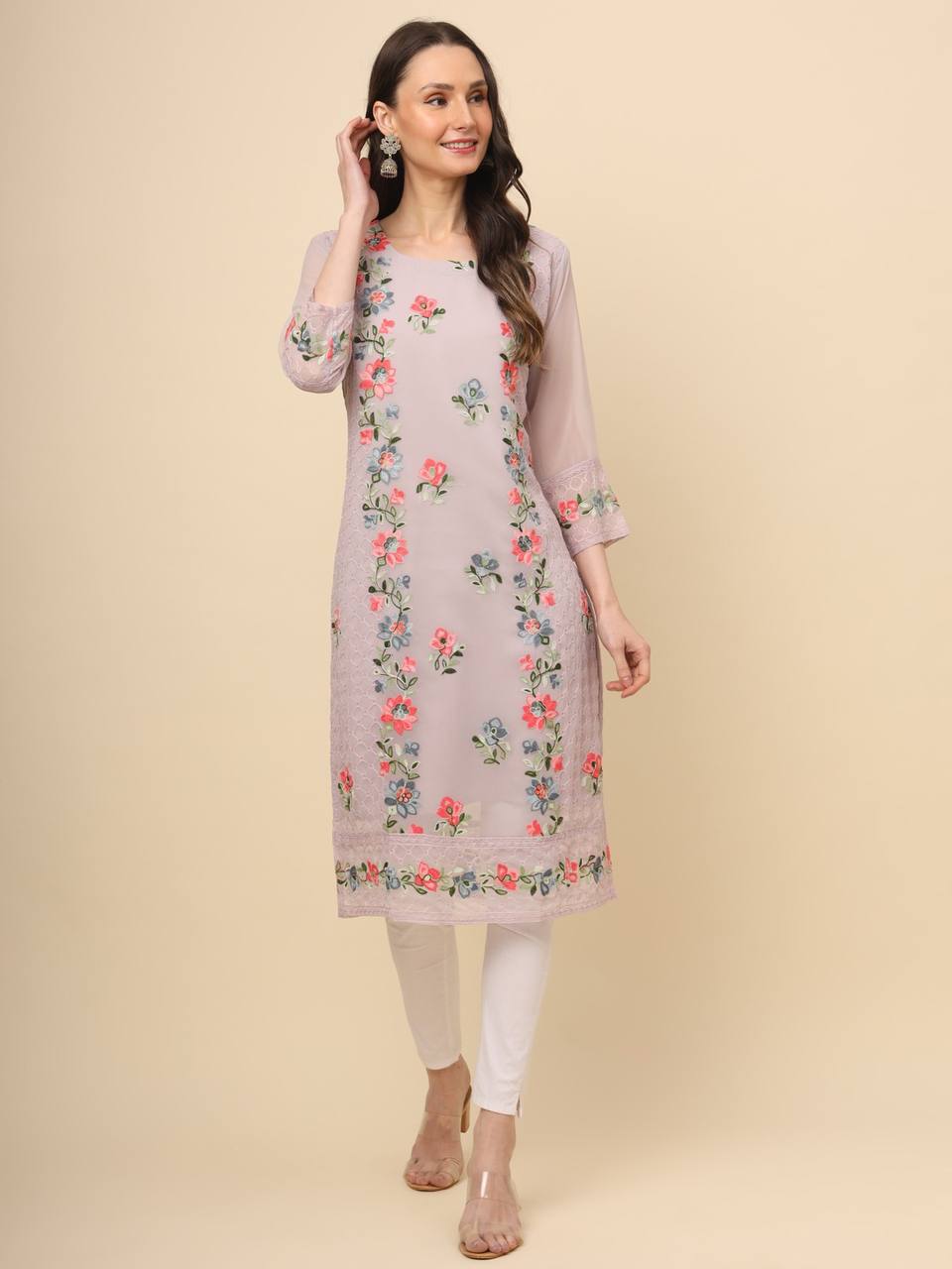 Georgette Straight Cut Round Neck Kurta with Beautiful Lucknowi Chickankari Work
