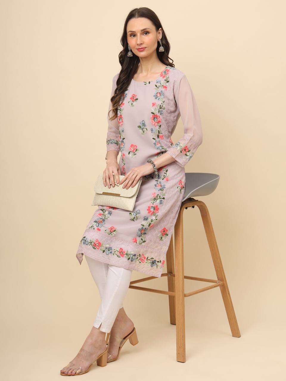 Georgette Straight Cut Round Neck Kurta with Beautiful Lucknowi Chickankari Work