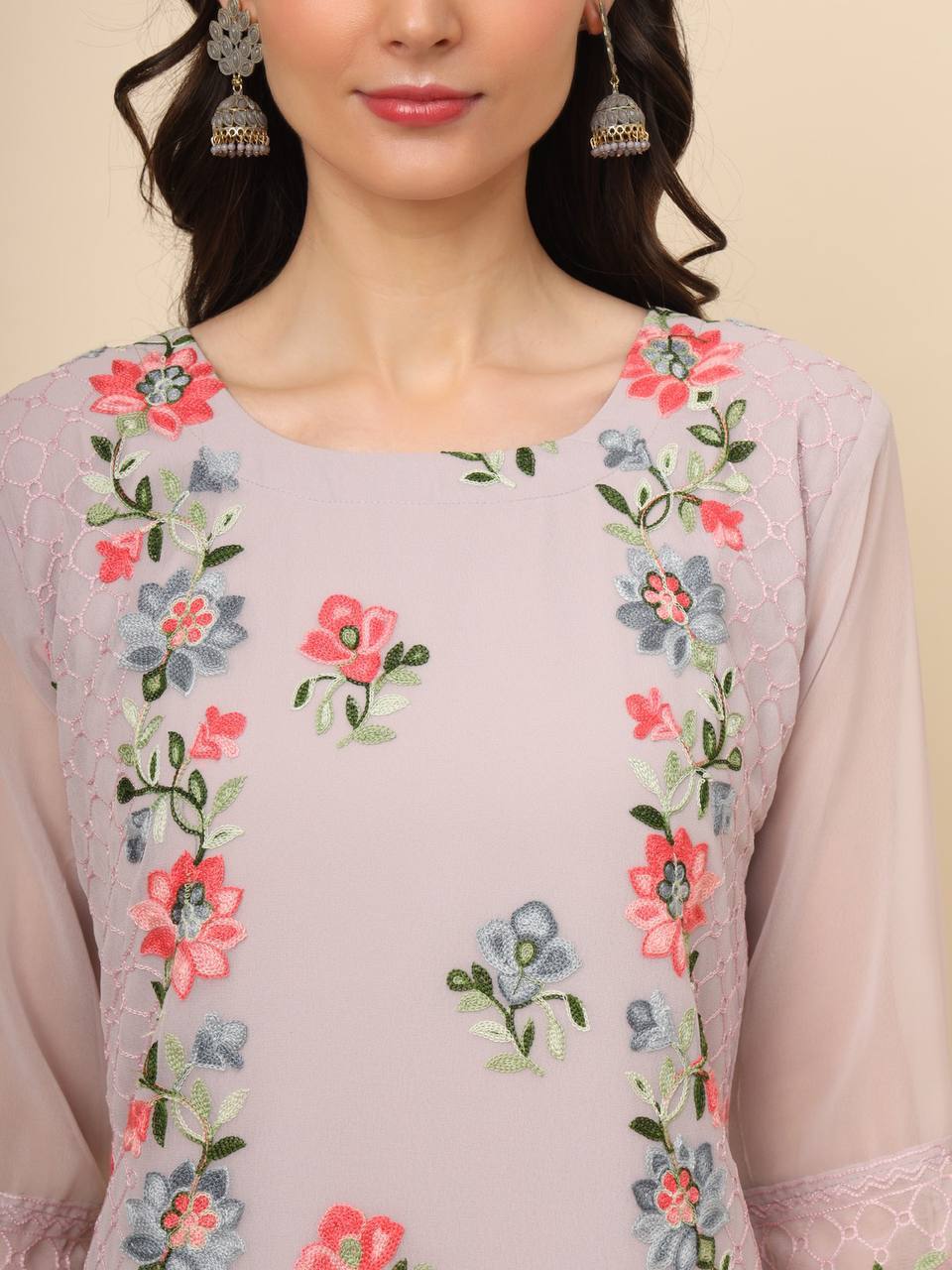 Georgette Straight Cut Round Neck Kurta with Beautiful Lucknowi Chickankari Work