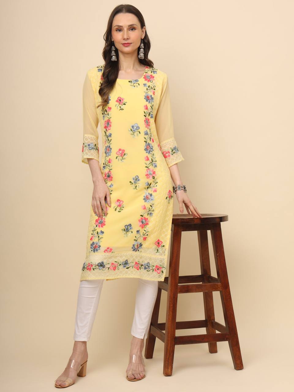 Georgette Straight Cut Round Neck Kurta with Beautiful Lucknowi Chickankari Work