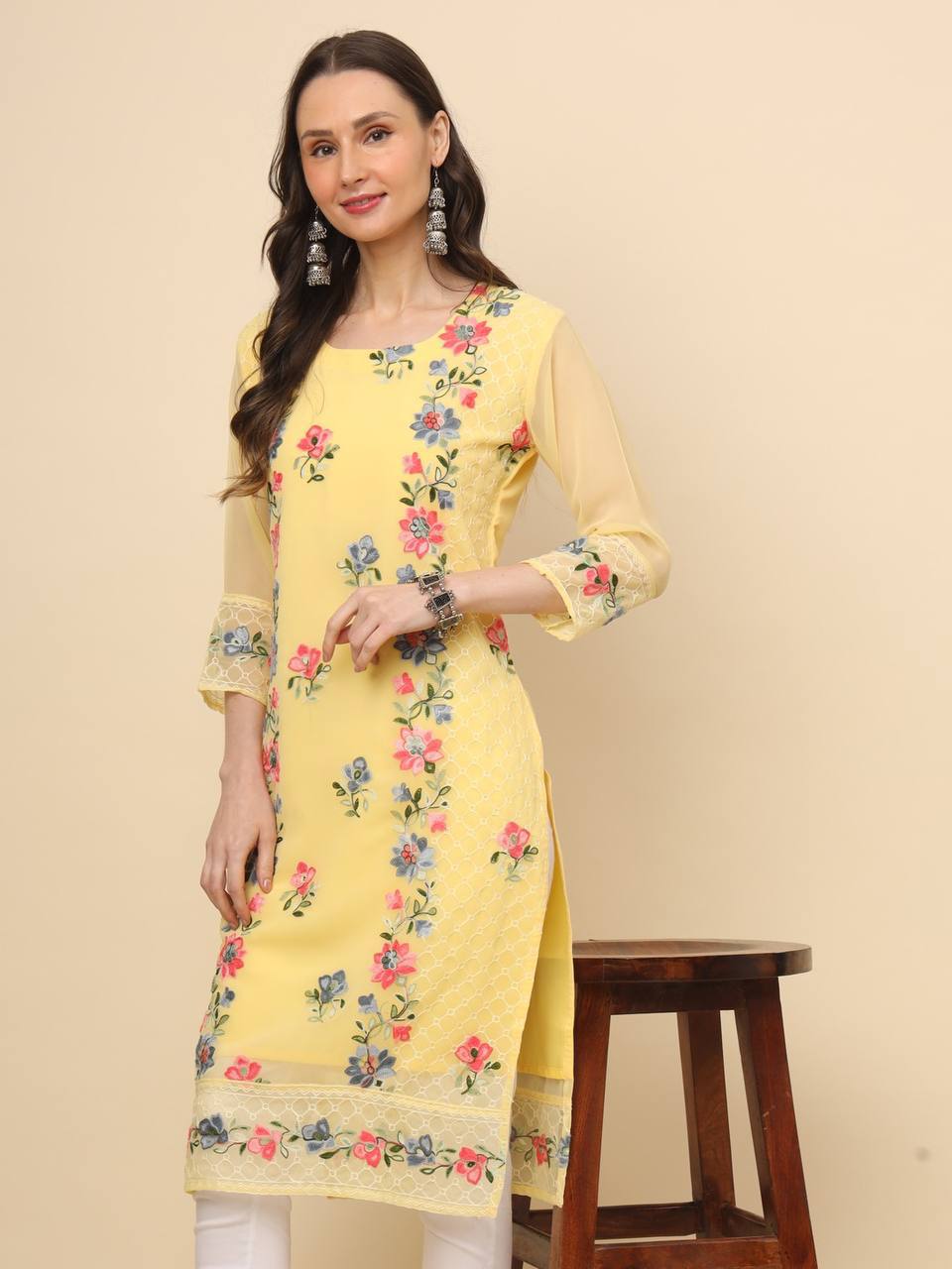 Georgette Straight Cut Round Neck Kurta with Beautiful Lucknowi Chickankari Work