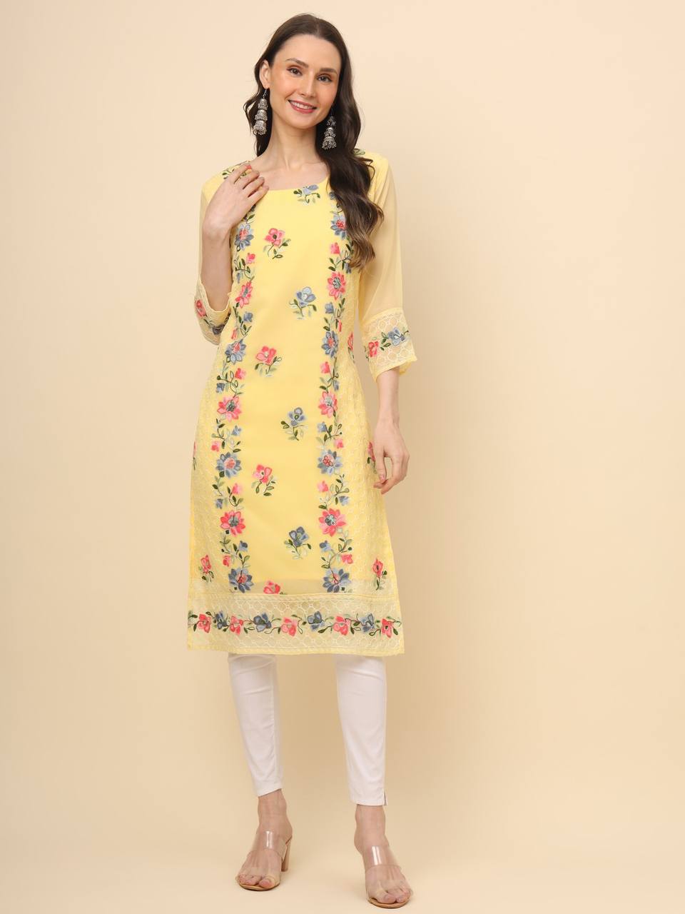 Georgette Straight Cut Round Neck Kurta with Beautiful Lucknowi Chickankari Work
