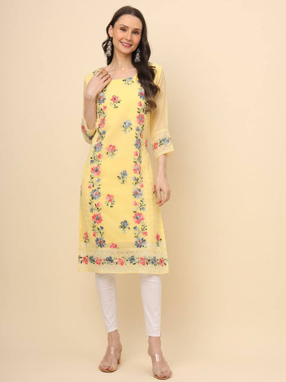 Georgette Straight Cut Round Neck Kurta with Beautiful Lucknowi Chickankari Work