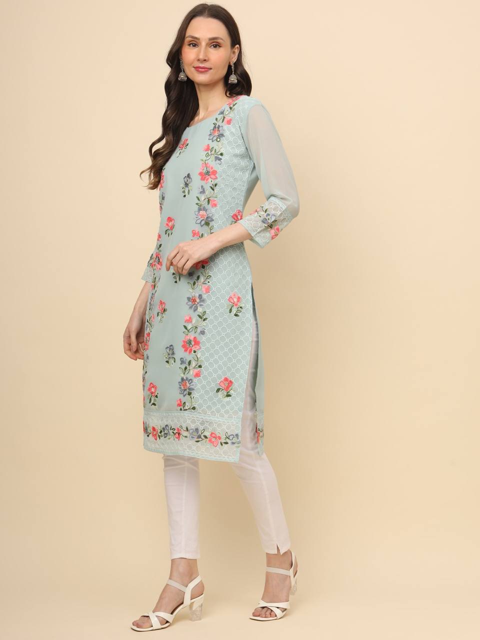 Georgette Straight Cut Round Neck Kurta with Beautiful Lucknowi Chickankari Work