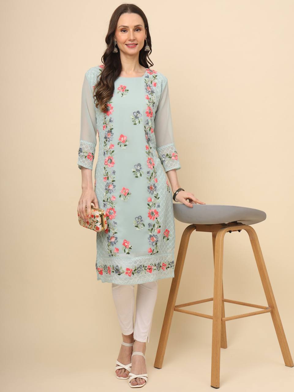 Georgette Straight Cut Round Neck Kurta with Beautiful Lucknowi Chickankari Work