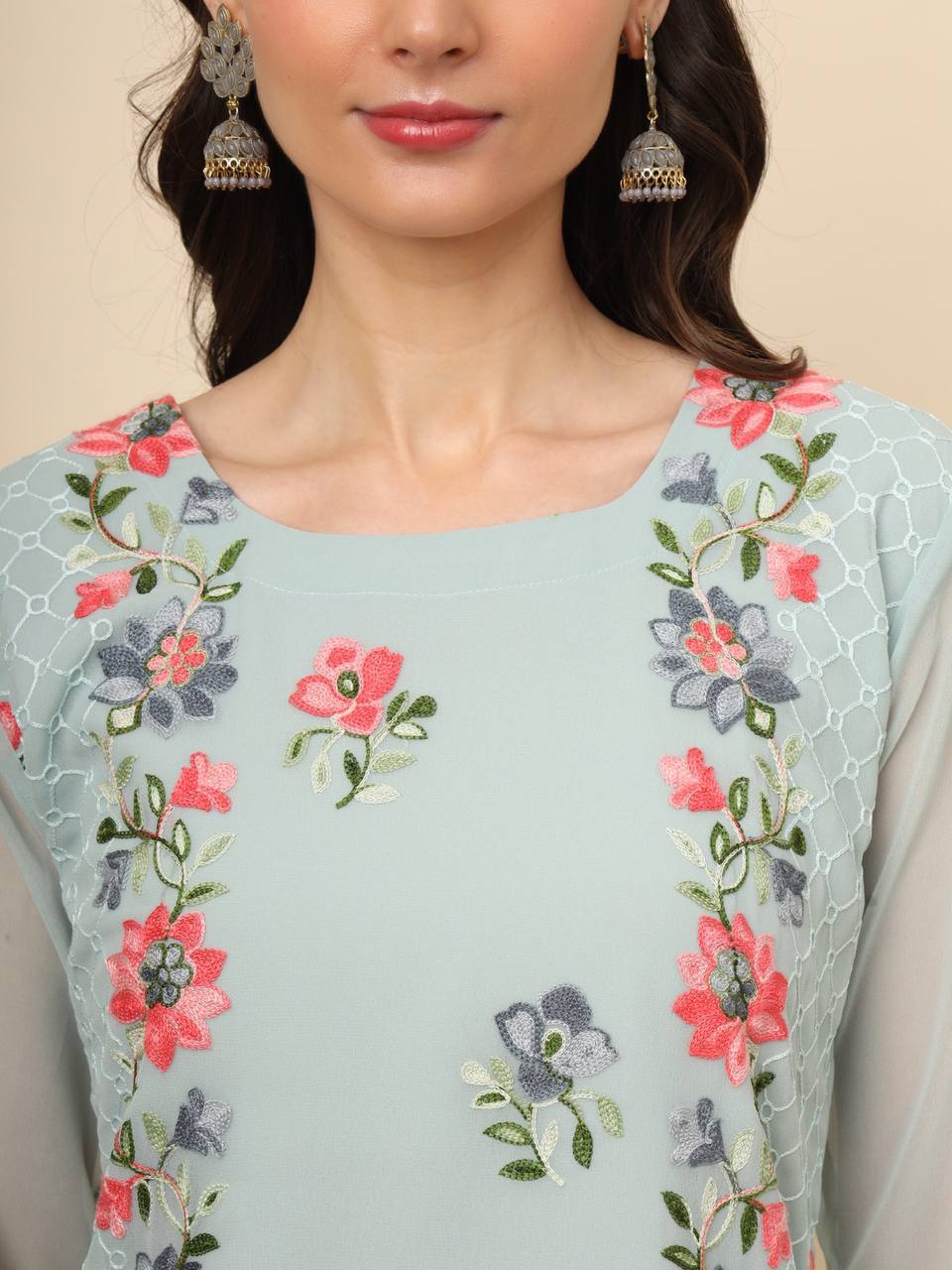 Georgette Straight Cut Round Neck Kurta with Beautiful Lucknowi Chickankari Work