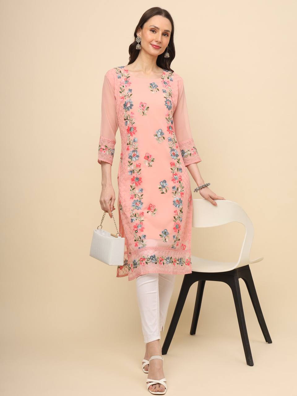 Georgette Straight Cut Round Neck Kurta with Beautiful Lucknowi Chickankari Work
