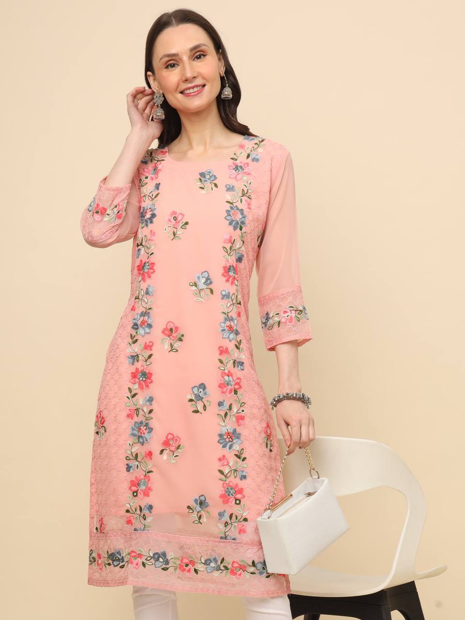 Georgette Straight Cut Round Neck Kurta with Beautiful Lucknowi Chickankari Work