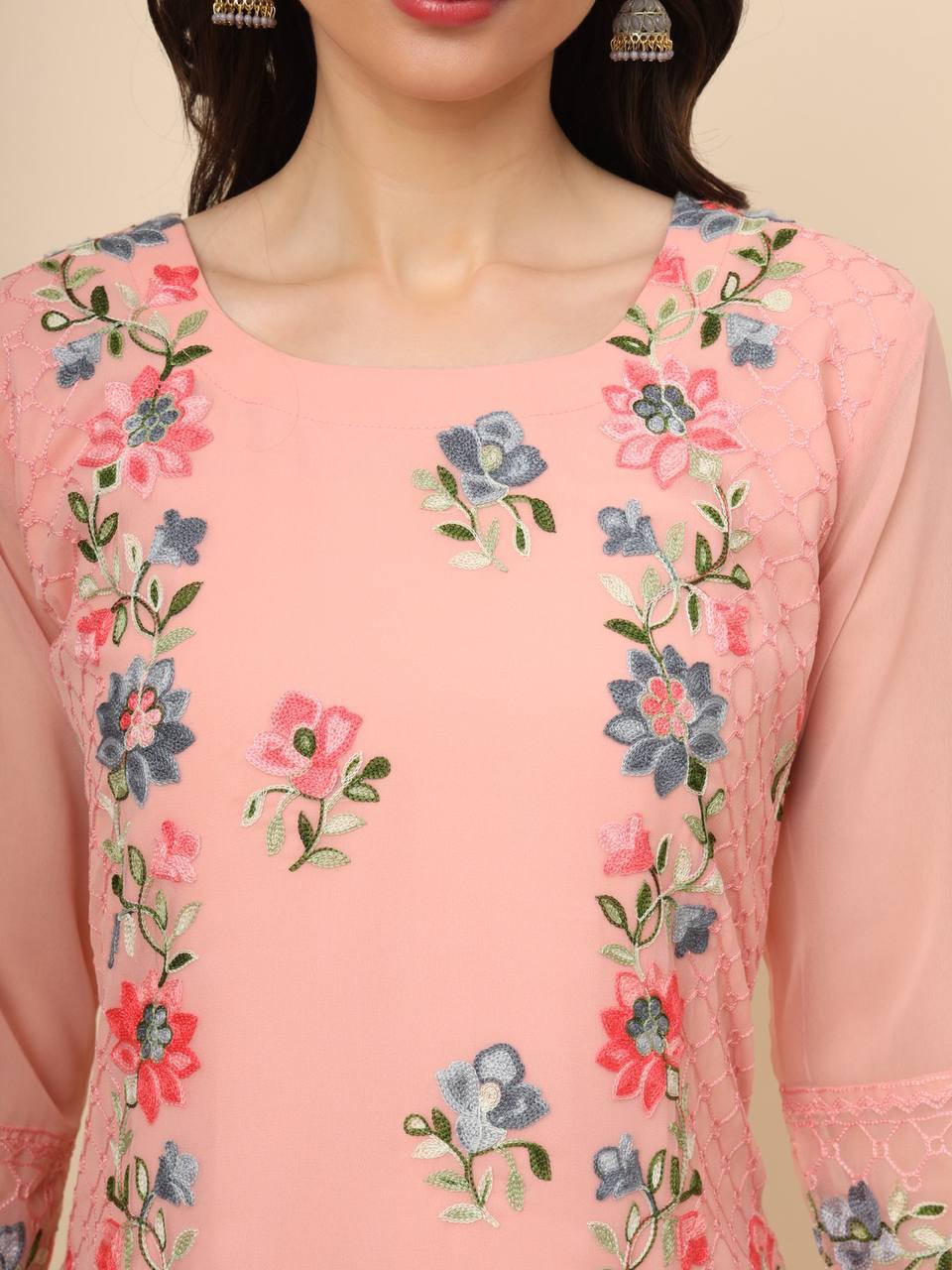 Georgette Straight Cut Round Neck Kurta with Beautiful Lucknowi Chickankari Work