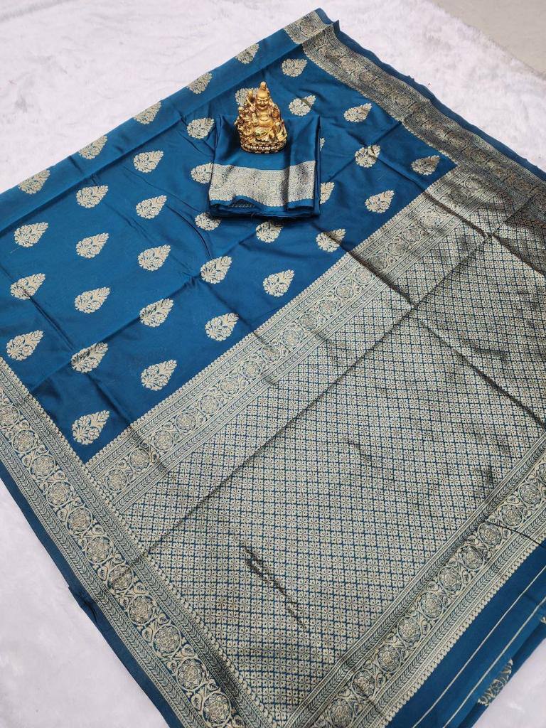 Blue Colour Banarasi Litchi Silk Saree With Blouse Piece