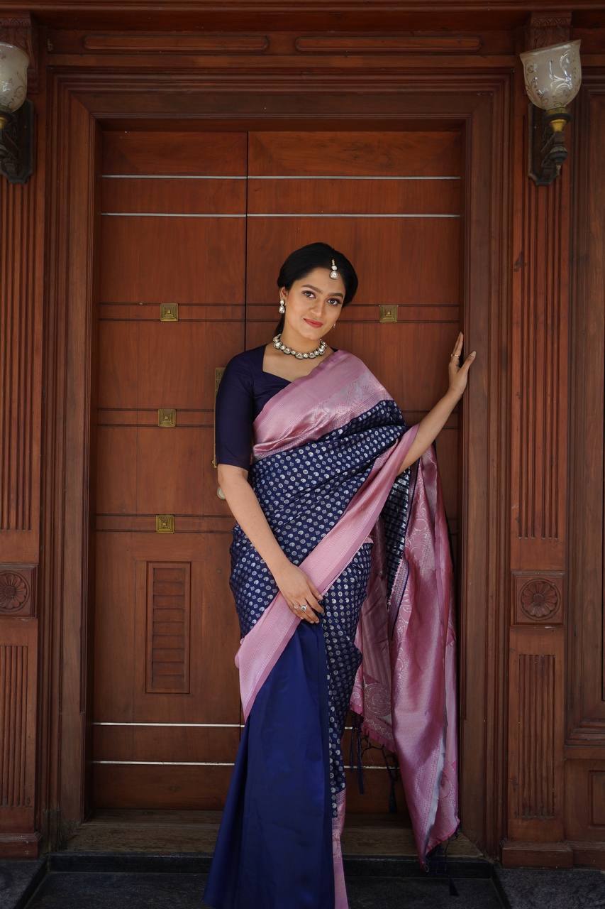 Graceful Navy Blue Soft Lichi Silk Saree with Pink Rich Pallu