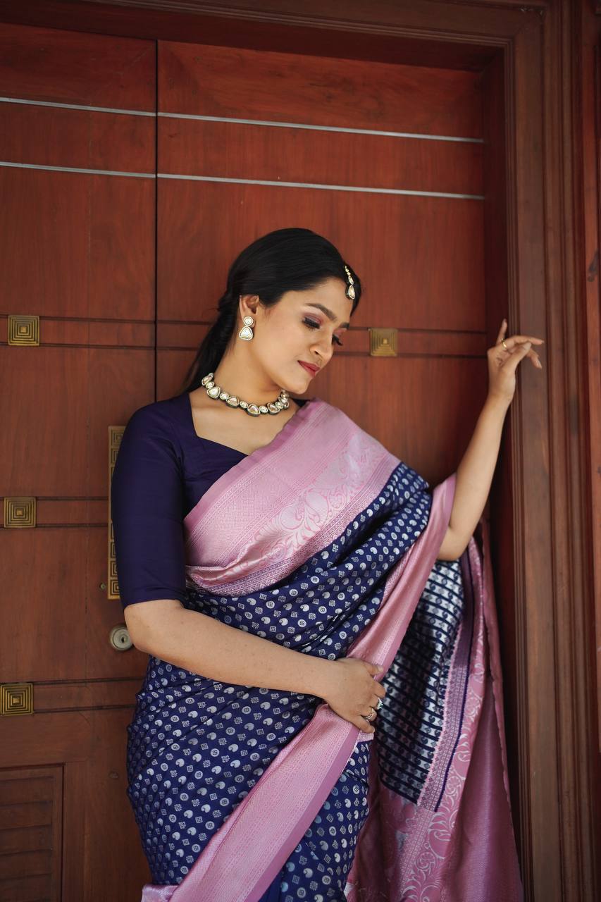 Graceful Navy Blue Soft Lichi Silk Saree with Pink Rich Pallu