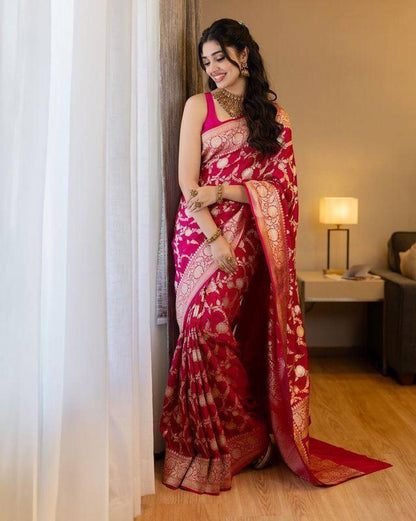 Luxury Red Soft Lichi Silk Saree with Rich Pallu & Elegant Jacquard Work