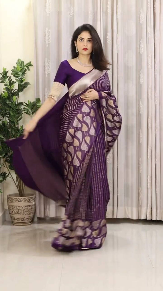 Elegant Purple Soft Lichi Silk Saree with Contrast Jacquard Border