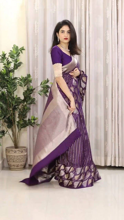 Elegant Purple Soft Lichi Silk Saree with Contrast Jacquard Border