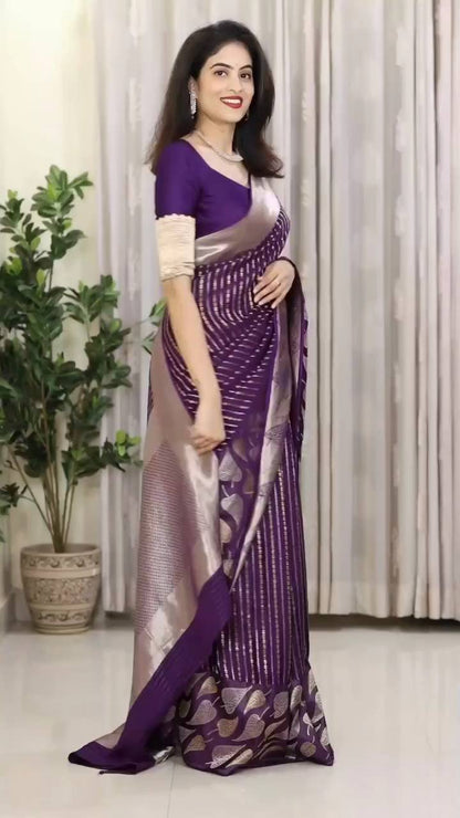 Elegant Purple Soft Lichi Silk Saree with Contrast Jacquard Border