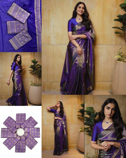 Royal Purple Kanjivaram Silk Saree with Rich Gold Zari Work & Elegant Traditional Finish