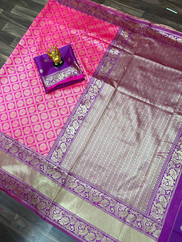 Dark Pink Colour Kanjivaram Woven Silk Saree With Blouse Piece
