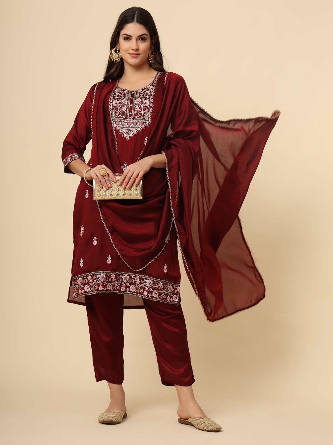 Embroidered Work Silk Blend Readymade Salwar Suit in Maroon for Women