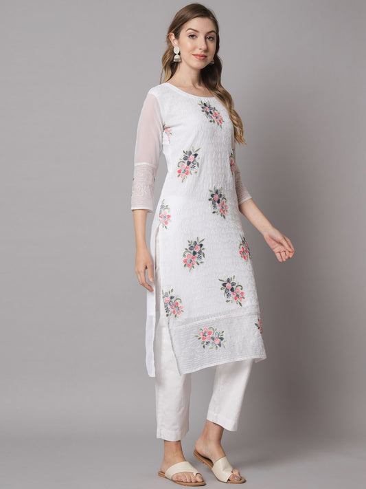 Georgette Straight Cut Round Neck Kurta with Beautiful Lucknowi Chickankari Work