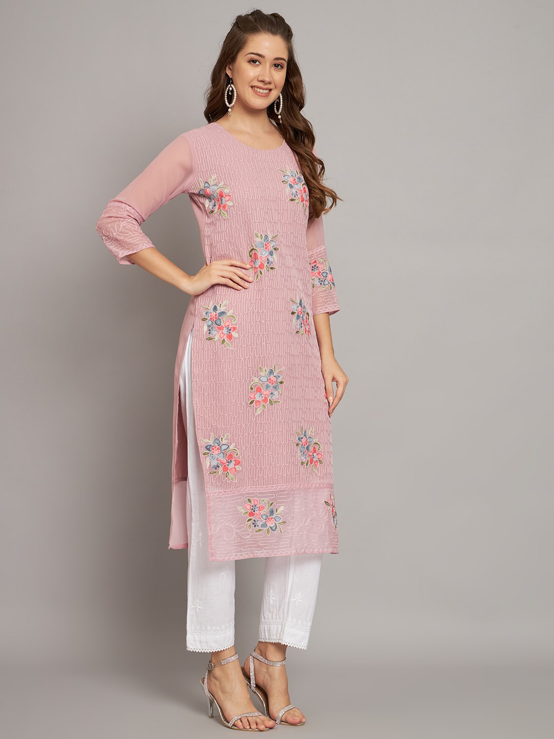 Georgette Straight Cut Round Neck Kurta with Beautiful Lucknowi Chickankari Work