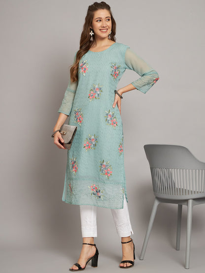 Georgette Straight Cut Round Neck Kurta with Beautiful Lucknowi Chickankari Work