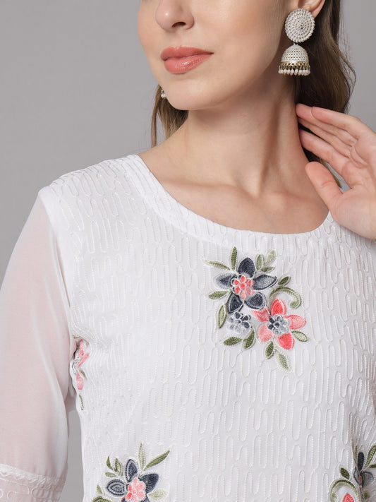 Georgette Straight Cut Round Neck Kurta with Beautiful Lucknowi Chickankari Work