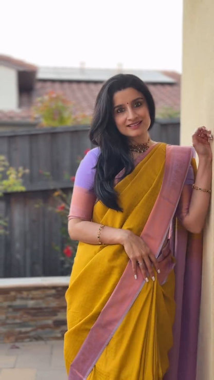 Sunset Glow – Mustard & Lavender Soft Silk Saree with Elegant Contrast Border