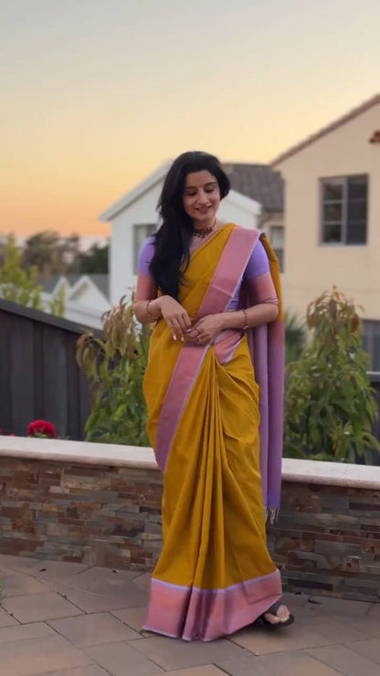 Sunset Glow – Mustard & Lavender Soft Silk Saree with Elegant Contrast Border