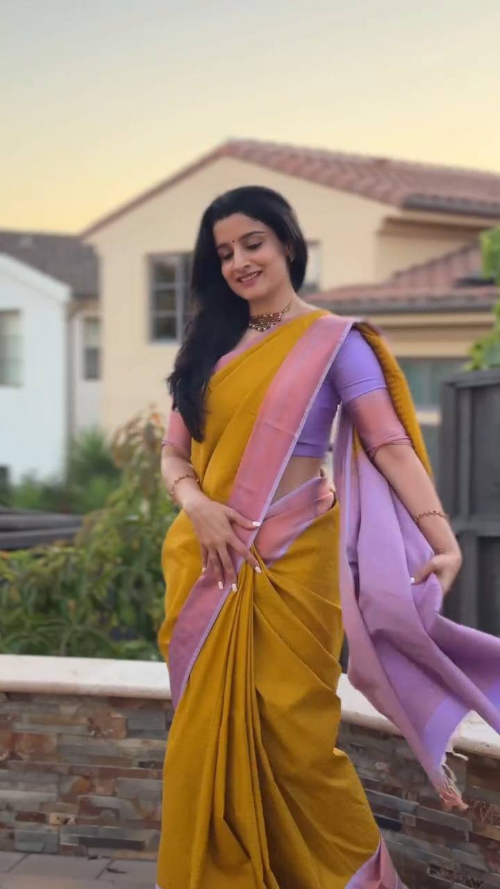 Sunset Glow – Mustard & Lavender Soft Silk Saree with Elegant Contrast Border