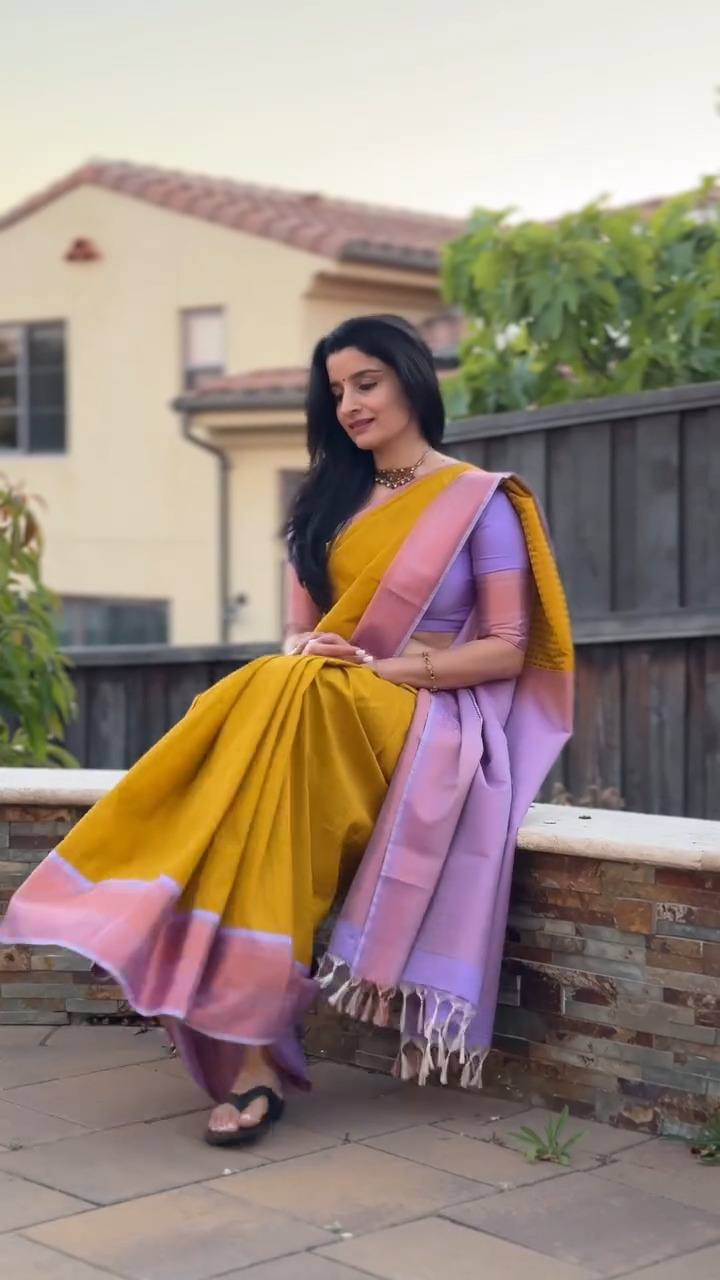 Sunset Glow – Mustard & Lavender Soft Silk Saree with Elegant Contrast Border
