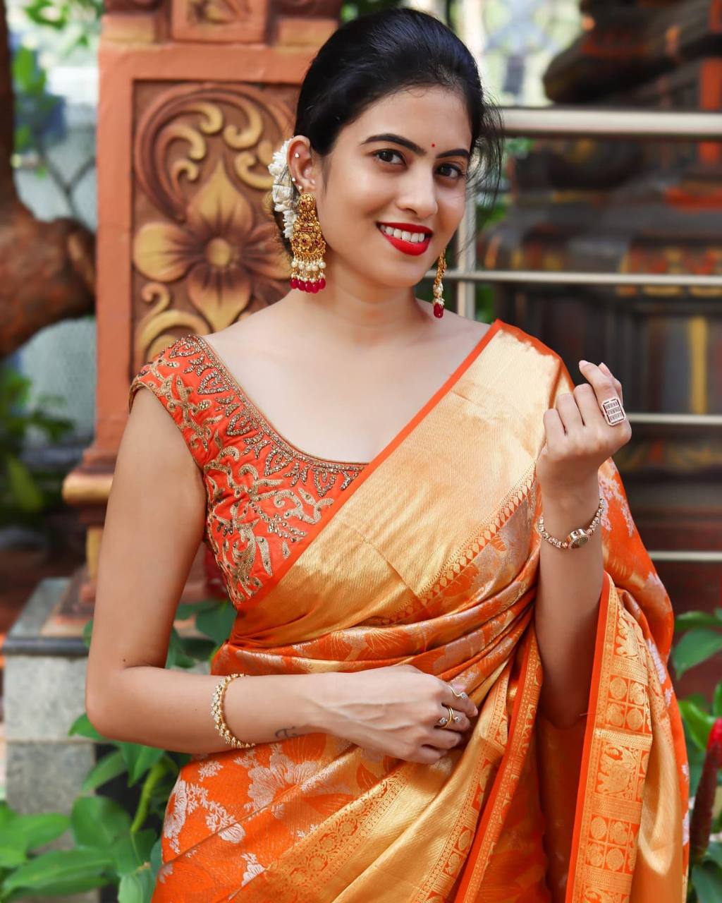 Radiant Orange Lichi Silk Saree with Rich Pallu & Jacquard Weaving