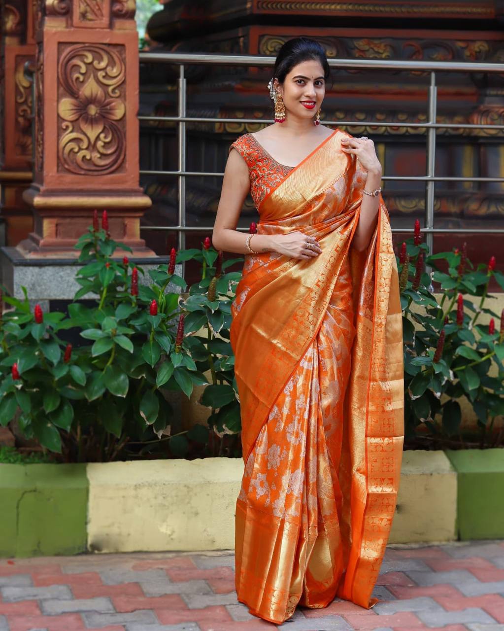 Radiant Orange Lichi Silk Saree with Rich Pallu & Jacquard Weaving