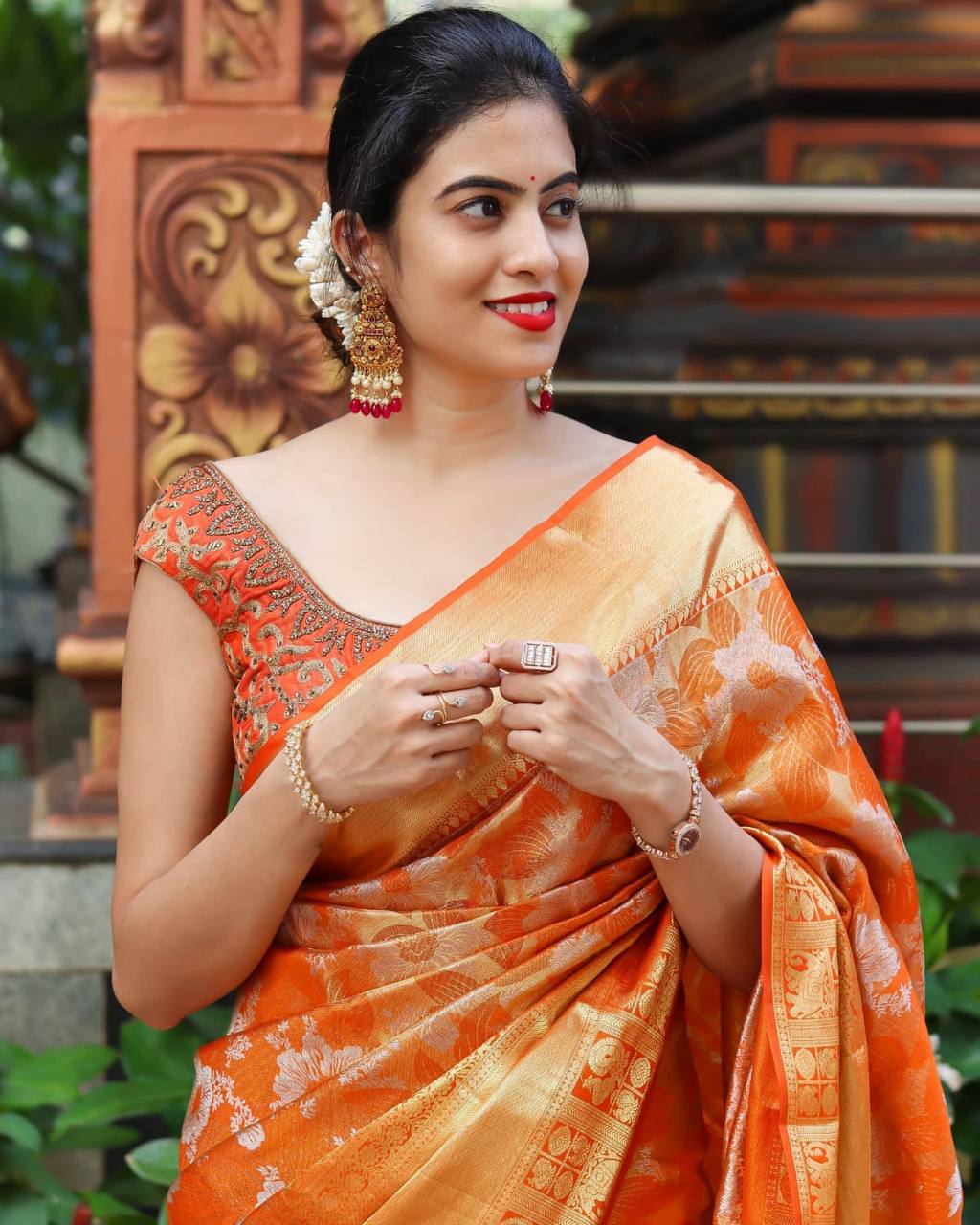 Radiant Orange Lichi Silk Saree with Rich Pallu & Jacquard Weaving
