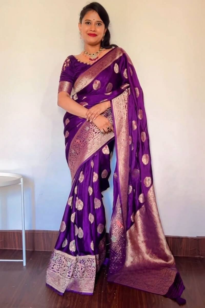 Royal Purple Lichi Silk Saree with Rich Pallu & All-Over Jacquard Work