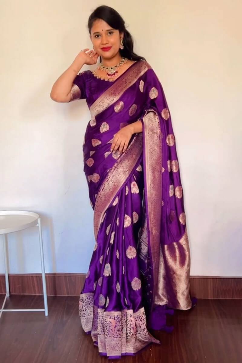 Royal Purple Lichi Silk Saree with Rich Pallu & All-Over Jacquard Work