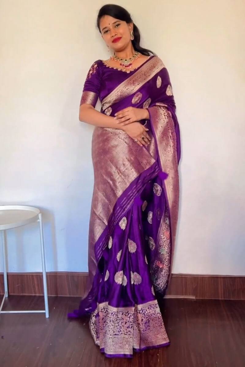 Royal Purple Lichi Silk Saree with Rich Pallu & All-Over Jacquard Work