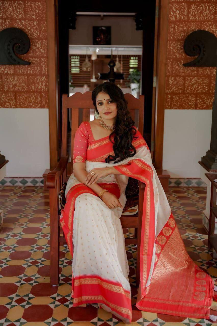 Elegant Red & Ivory Silk Saree with Gold Zari Border – Classic Festive Traditional Wear