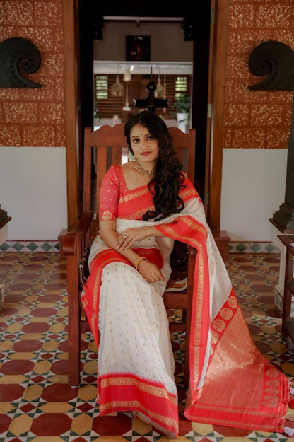 Elegant Red & Ivory Silk Saree with Gold Zari Border – Classic Festive Traditional Wear