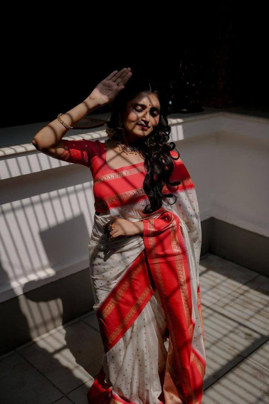 Elegant Red & Ivory Silk Saree with Gold Zari Border – Classic Festive Traditional Wear