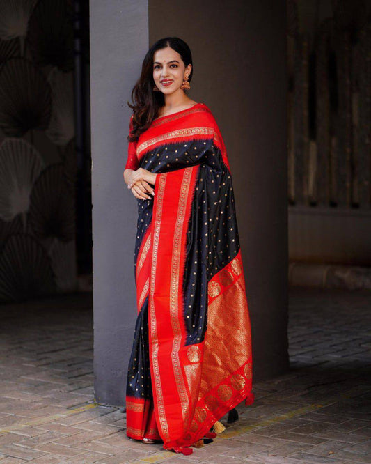 Elegant Black & Red Silk Saree with Golden Zari Border – Traditional Festive Wear